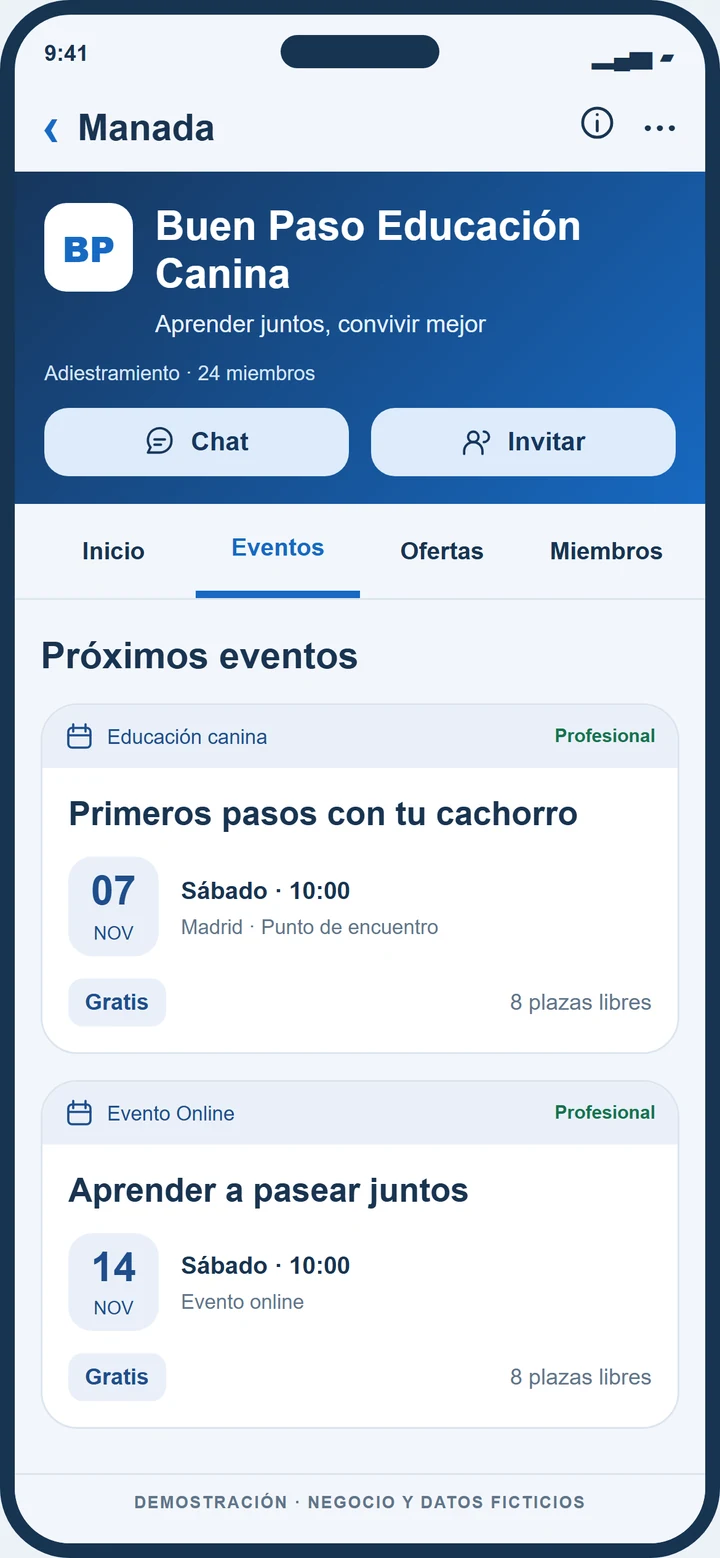 Demostración ficticia de eventos de Buen Paso Educación Canina en Dogers