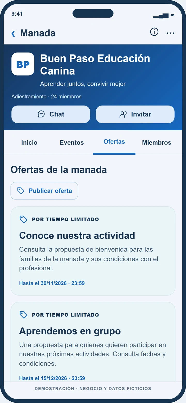 Demostración ficticia de ofertas de Buen Paso Educación Canina en Dogers