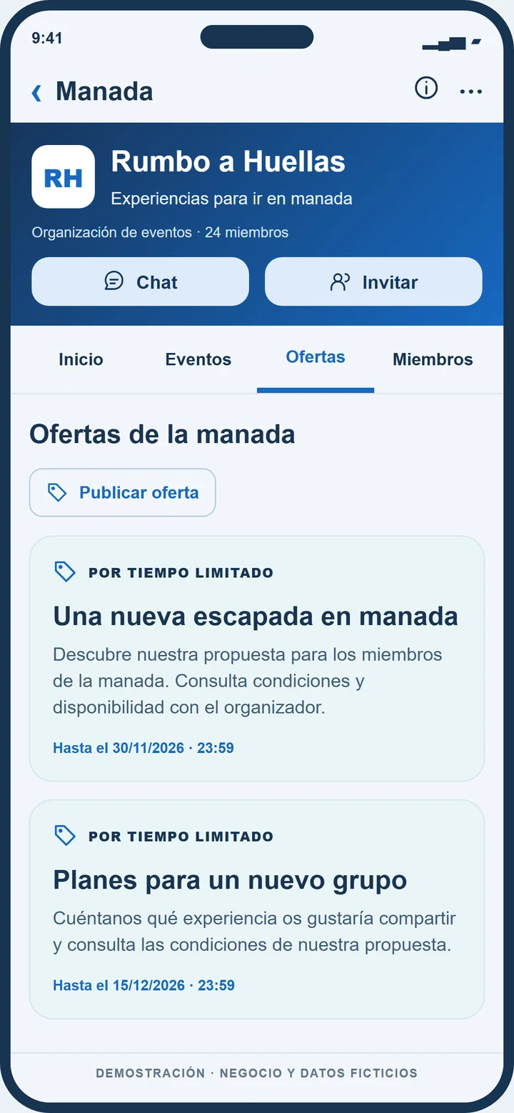 Demostración ficticia de ofertas de Rumbo a Huellas en Dogers