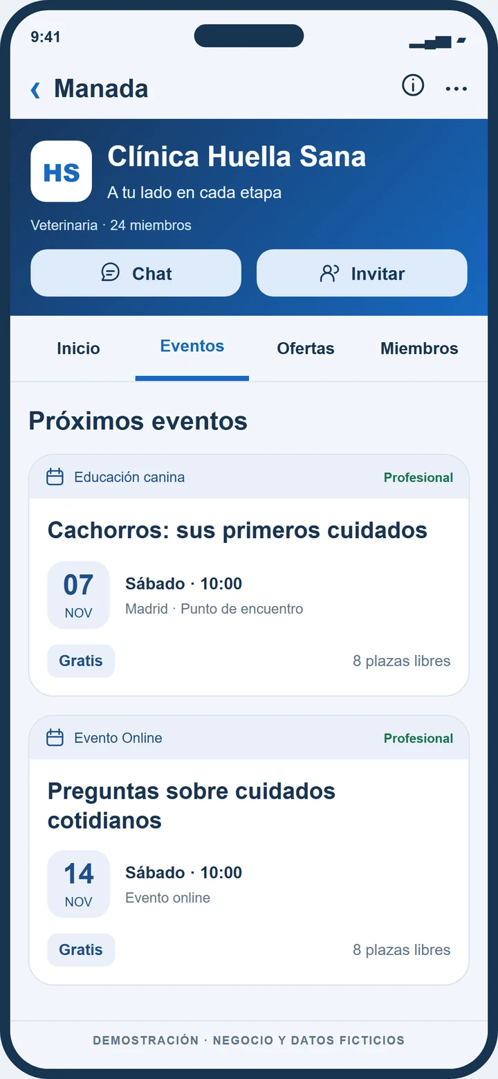 Demostración ficticia de eventos de Clínica Huella Sana en Dogers