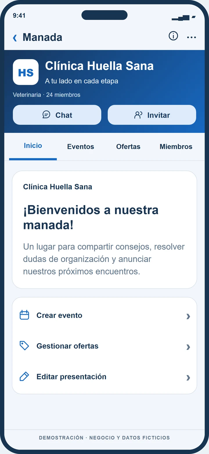 Demostración ficticia de manada de Clínica Huella Sana en Dogers