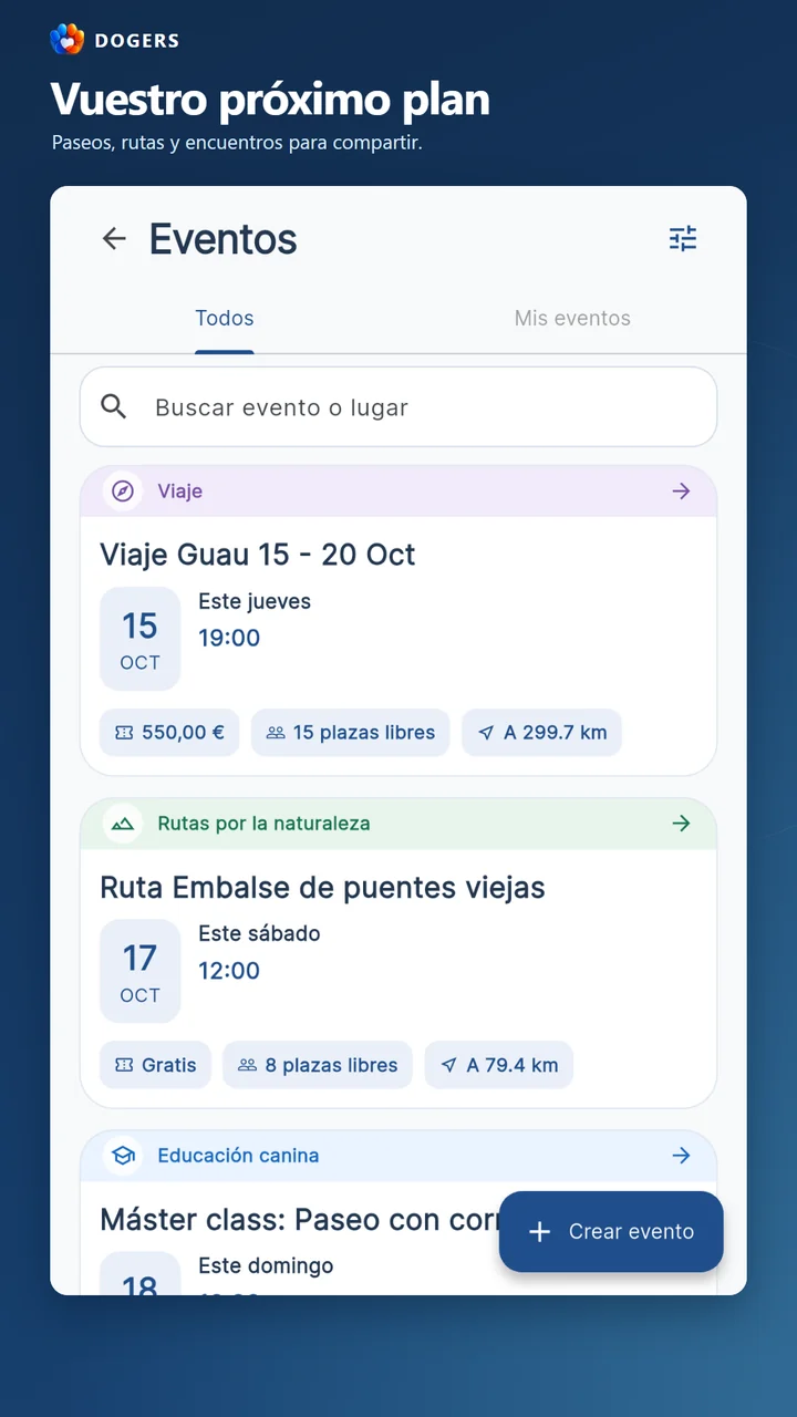 Eventos con fecha, hora y plazas disponibles.