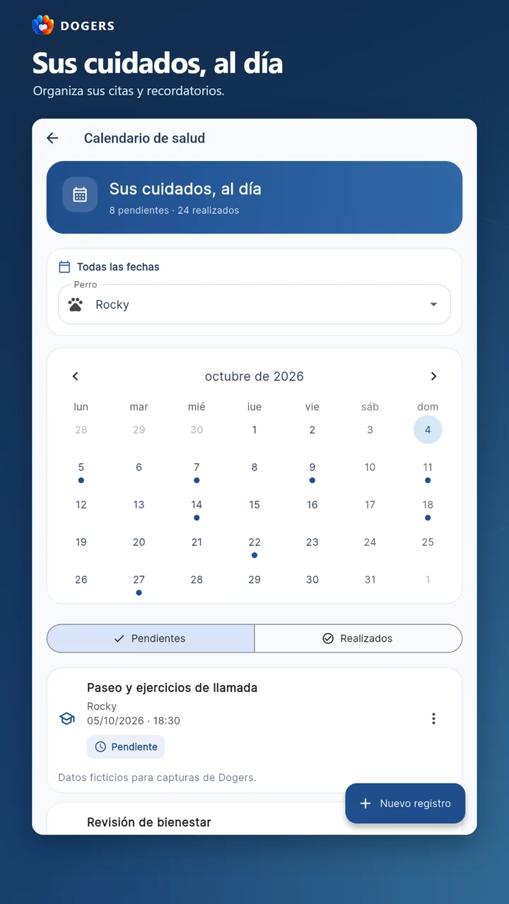 Calendario de Rocky con cuidados y recordatorios.