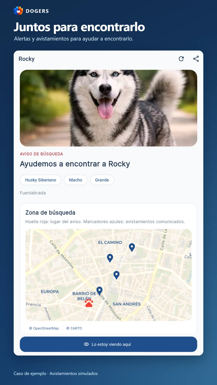 Aviso de búsqueda de ejemplo con la foto de Rocky y el mapa de avistamientos simulados.